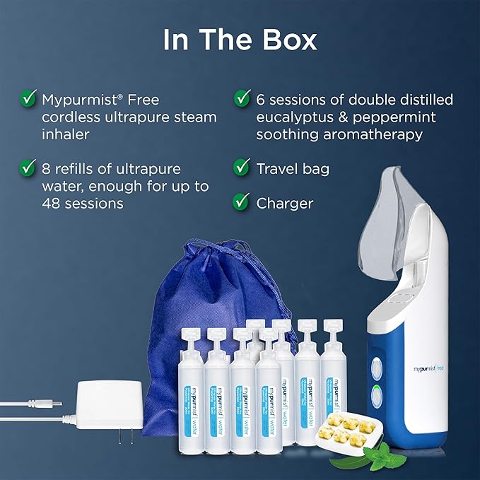 Mypurmist Free Premium Kit – Cordless Steam Inhaler with Water Refills, ScentPad, and Handsfree Strap – Personal Steamer Vaporizer Humidifier for Sinus Relief, Nasal Congestion, Cold