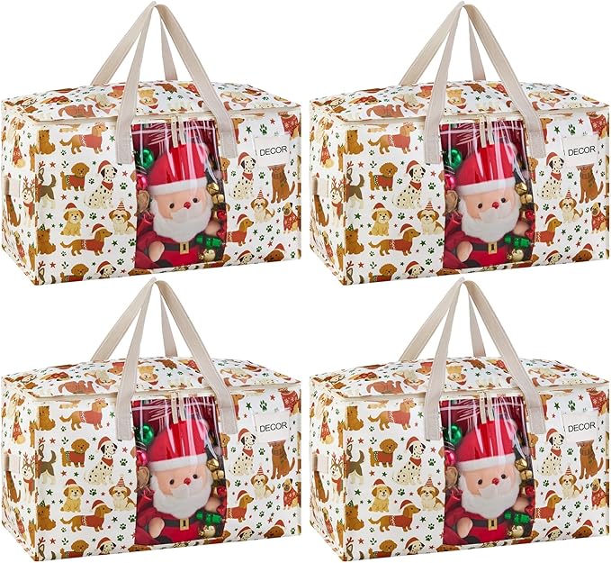 VENO 4 Pack Moving Bags, Large Christmas Storage Bins with lids, Packing Supplies for College, Alternative to Moving Boxes, Foldable, Heavy-Duty Tote, Christmas Pattern (Holiday Pups, 4 Pack)