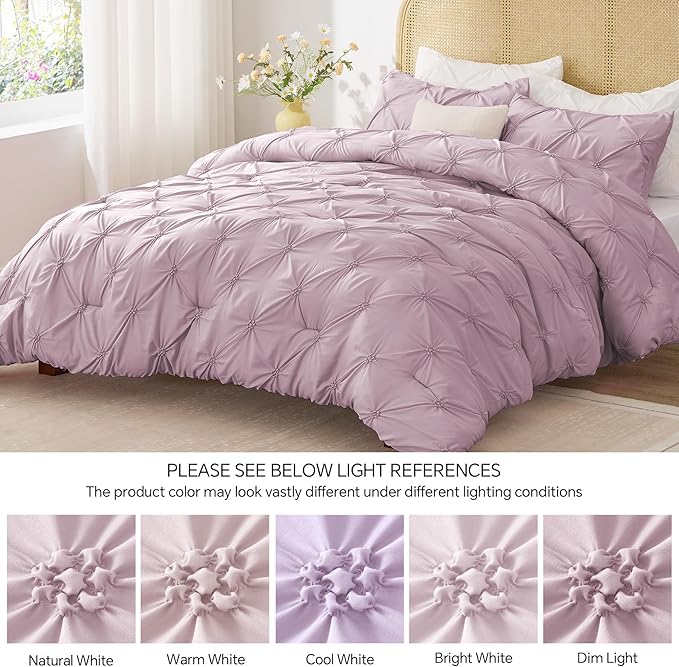 BEDELITE Light Purple Comforter Set Full - 3 Peices Boho Pintuck Bedding Comforter Sets, Lightweight Soft & Warm Twin Bedding Sets with 2 Pillowcase for All Season