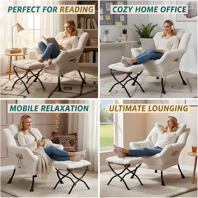 Tiita Lazy Chair with Ottoman, Modern Large Accent Lounge Armchair, Comfy Leisure Sofa Reading Chair with Footrest for Bedroom, Living Room, Dorm Rooms, Garden and Courtyard, Beige