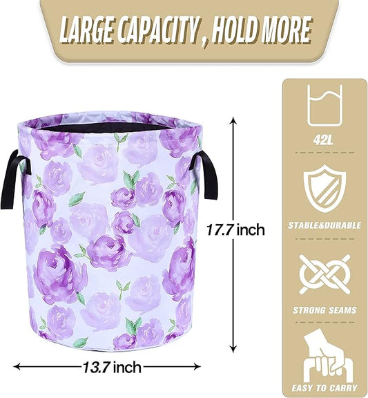 Purple Watercolor Floral Laundry Basket Foldable Oxford Cloth Funny Tote Bag Laundry Hamper Clothes Storage Bucket Organizer For Bathroom/Laundry Storage/Bedroom 17.7x13.7 Inch