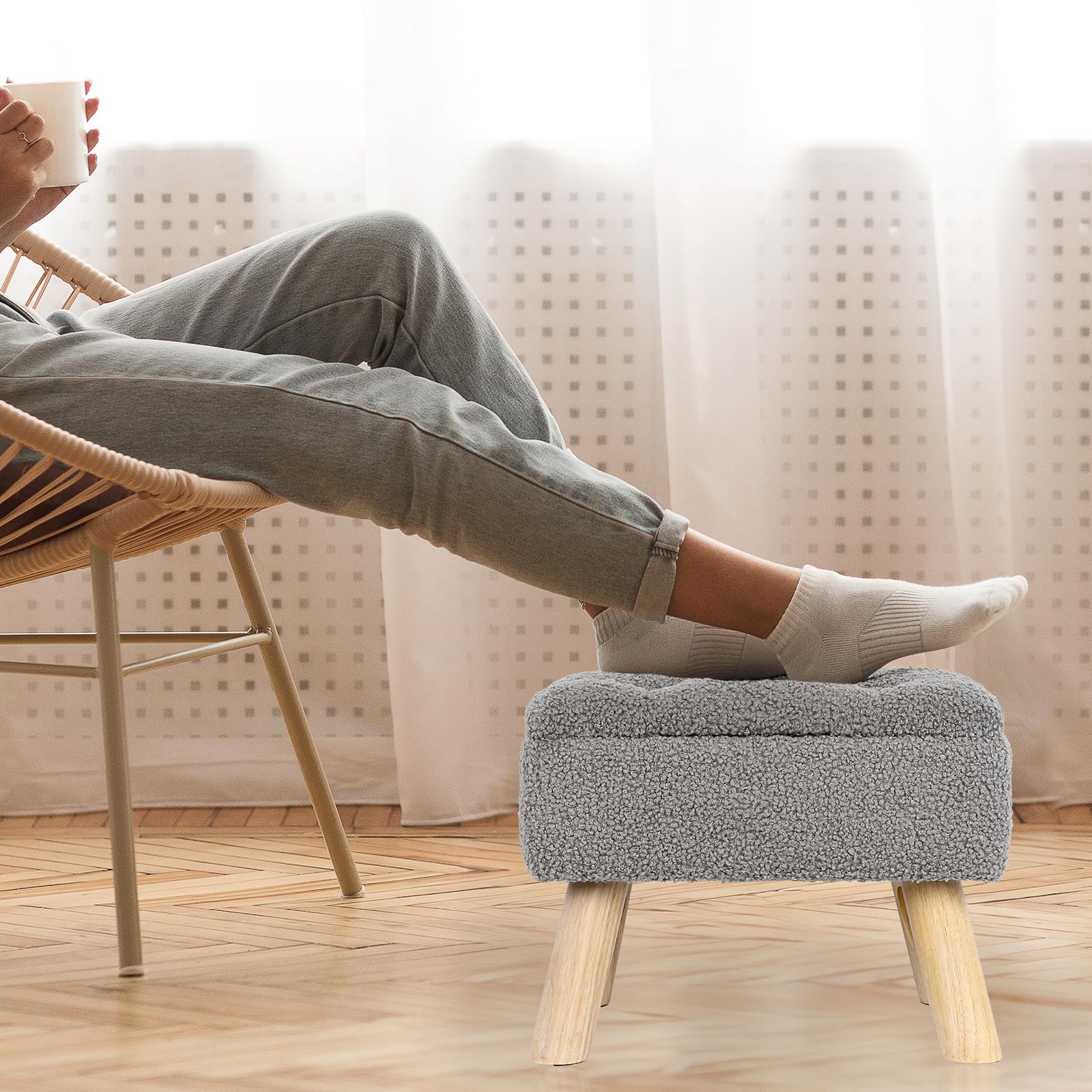OGEMXU Storage Ottoman, Small Foot Stool Ottoman with Storage, Boucle Teddy Velvet Foot Rest with Padded Seat, Sturdy Wood Legs Stool for Living Room, Bedroom, Couch, Enterway (Cream) Dormly