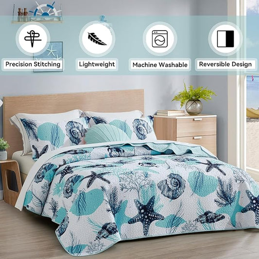Tritard 3 Piece Coastal Full/Queen Quilt Sets Nautical Reversible Lightweight Bedspread Coverlet with 2 Shams Blue Starfish Conch Beach Microfiber Bedding Quilt Set for All Season, 90''x96''
