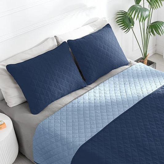 Easy-Going Full/Queen Size Reversible Quilt Set with 1 Quilt and 2 Pillow Shams, Soft Bed Quilt Cover, Water Resistant Lightweight Microfiber Bedspread, Stain Resistant, Dark Blue/Light Blue