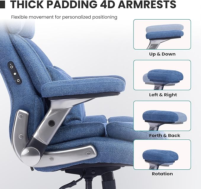 750lbs Heavy Duty Desk Chair with 3D Kneading Massage, Big and Tall Office Chairs with Ergonomic Support, 4D Armrests, 5 Quiet Dual Rubber Wheel, Thick Pocket Spring Cushion(Blue, Fabric)