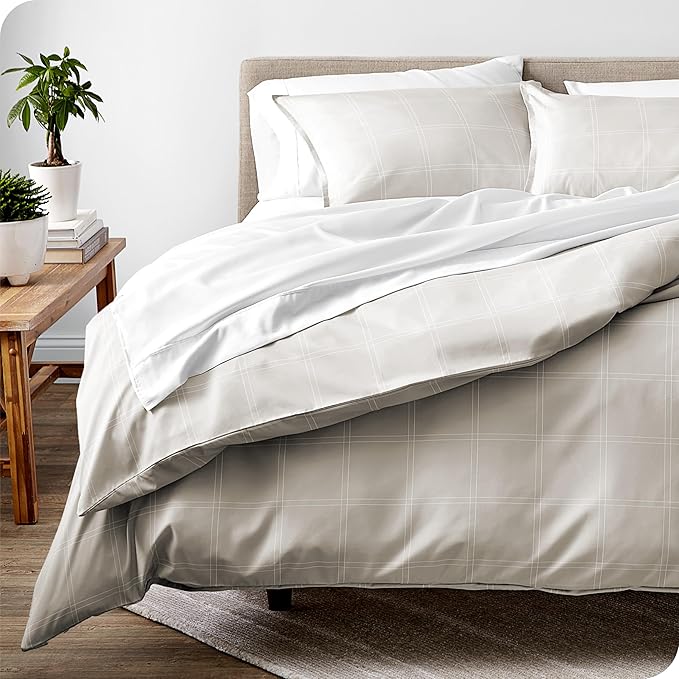 Bare Home Bedding Duvet Cover King Size - Premium 1800 Super Soft Collection - Lightweight, Cooling - Soft Breathable Bedding Duvet Cover (King, Modern Plaid - Stone/White)