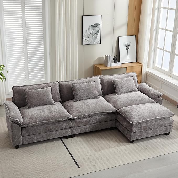 120" Modular Sectional Sofa, Comfy Cloud Couch Sectional Sofa with Ottoman, Chenille Sofa Sleeper Deep Seat Sofa with Throw Pillows for Living Room (Light Gray, 120"- L Shape)