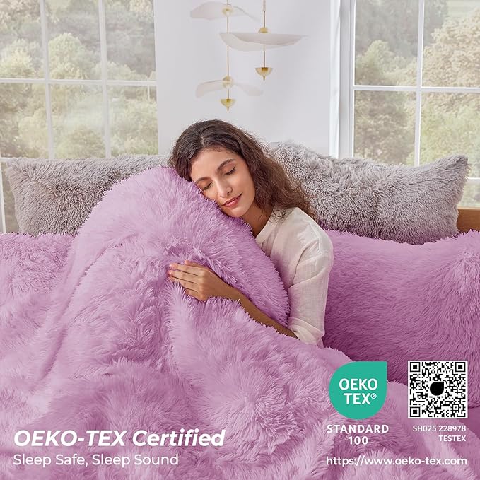 Sasttie 3-Piece Fluffy Duvet Cover Full, Ultra Soft Faux Fur and Velvet Light Purple Comforter Cover, Luxury Fuzzy Bedding Sets for Winter Bed, Includes 1 Duvet Cover and 2 Pillowcases, No Comforter
