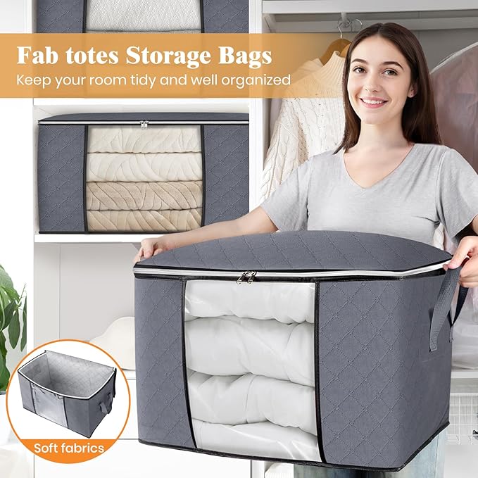 Fab totes 24 Gallons Clothes Storage, Foldable Thick Fabric Blanket Storage Bags, Containers for Organizing Bedroom, Closet, Clothing, Comforter, Organization with Handle (10 Pack,Grey)