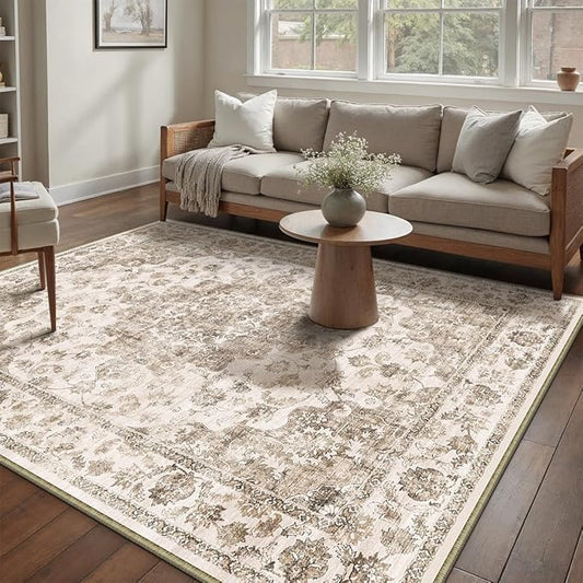 6x9 Washable Neutral Area Rug Brown Vintage Living Room Bedroom Carpet Non-Slip Soft Low Pile Floral Indoor Throw Rug for Dining Room Entryway Office
