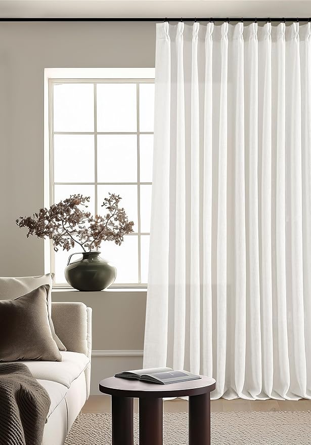 Extra Wide Linen Curtains 102 Inches Long 70 Inch Wide for Living Room Bedroom Light Filtering Beige Off White Pinch Pleated Curtains Hooks Rings Back Tab for Sliding Door 1 Panel 70Wx102L