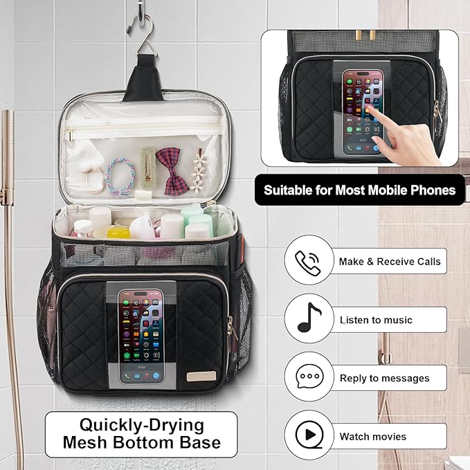 Portable Shower Caddy (Full Size Bottle Compatible),Travel Shower Tote Bag with Quick Dry Mesh Base,Hanging Toiletry Cosmetic Bag for Gym,College,Camping & Dorm, Black