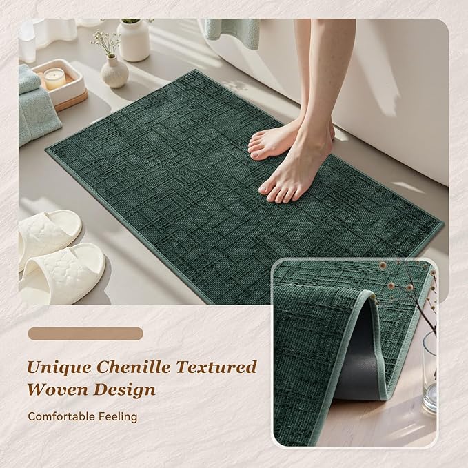 AMOAMI Bath Mat Non Slip Super Absorbent Quick Dry Bath Mats for Bathroom Floor Rubber Backing Washable Bathroom Rugs Modern Woven Jacquard Mat, Beside Tub Bath Rugs, 2' x 6', Green