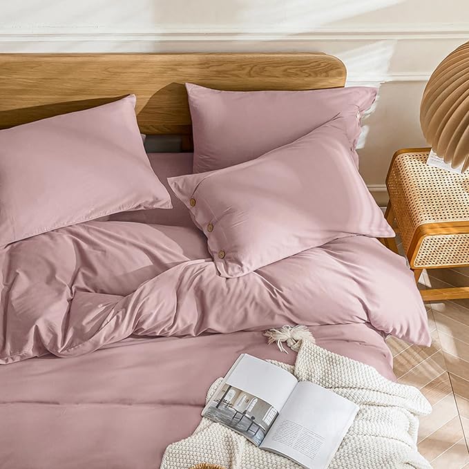 JELLYMONI Cotton Duvet Cover King Size - Pink Comforter Cover with Button 100% Washed Cotton 3PCS Breathable Soft Solid Bedding Set Duvet Cover 104×90in & 2 Pillowcases (NO Comforter)