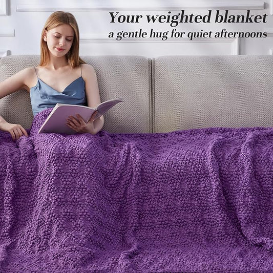 Knitted Weighted Blanket for Adult, Chunky Knit Weighted Throw for Sleep 50"*60" 5lbs, Cooling Breathable Heavy Blanket for Hot Sleepers, Machine Washable Blanket for Room Decor(Purple)