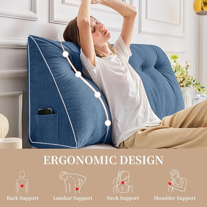 Sasttie Headboard Pillow Twin/Twin XL, Wedge Pillow Headboard for Dorm, Triangular Daybed Backrest Cushion for Sitting or Reading in Bed, with Removable Washable Cover, Blue