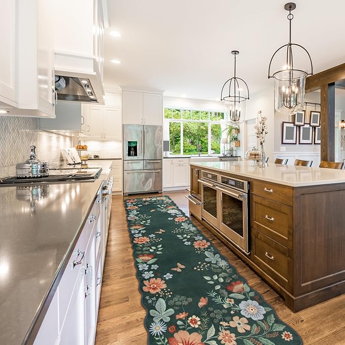 Lahome Floral Hallway Runner Rug Non Slip, 2'6''x10' Washable Runner Rug Soft Ultra-Thin Soft Runners for Hallways, Kitchen Runners Distressed Carpet for Entryway Bathroom(Dark Green)