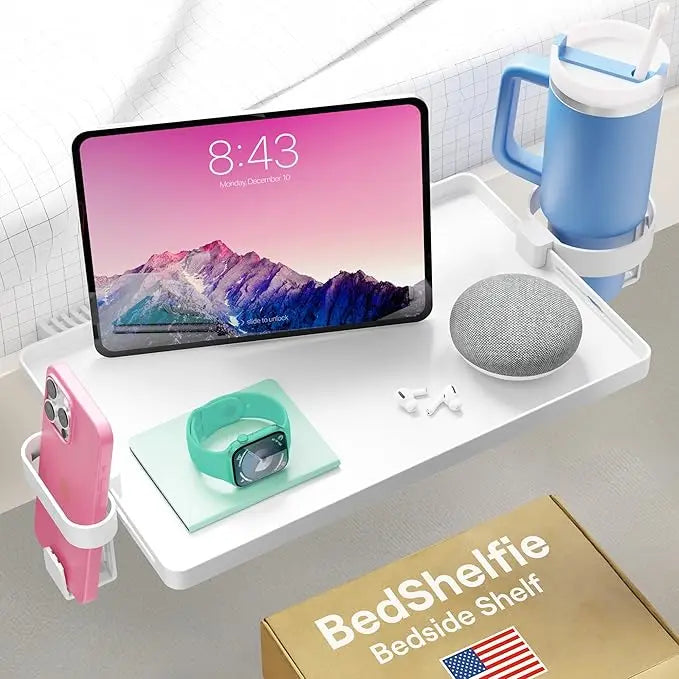 BedShelfie Bedside Shelf for Dorm Room Bunk Bed & Top Bunk, College Dorm Room Essentials, Bedside Caddy, Clip on Floating Tray, Bed Side Table Storage, Loft Nightstand Decor - Dorm Essential, White BedShelfie