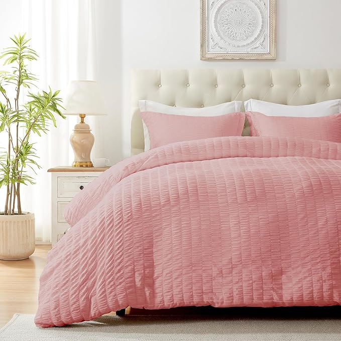 Cozyide Pink Duvet Cover Queen Size, 3 Pieces Bedding Duvet Covers, Soft Breathable Seersucker Duvet Cover Set with Zipper Closure and Corner Ties (1 Duvet Cover 90"x90" + 2 Pillow Shams 20"x26")