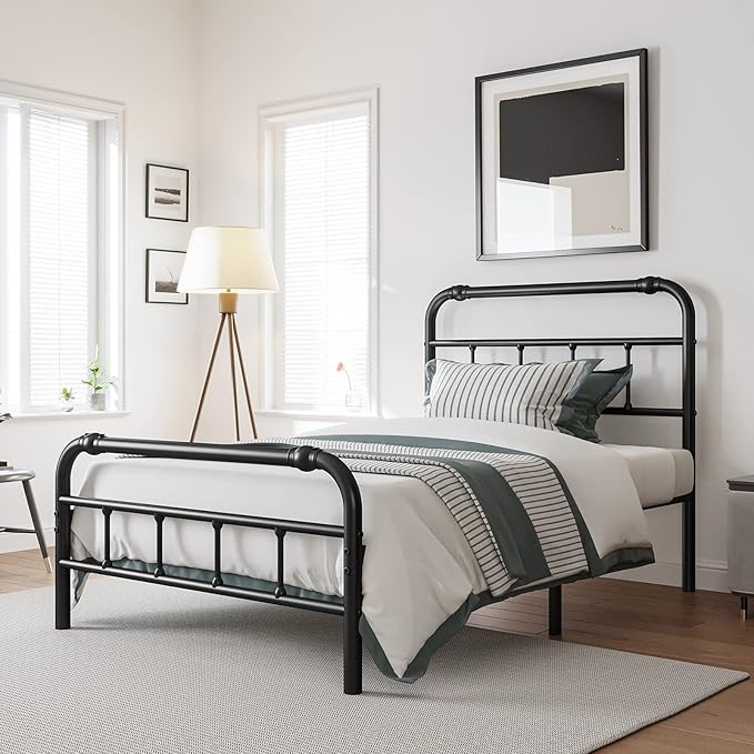 Twin Size Bed Frame with Headboard and Footboard, 18 Inches High, 3500 Pounds Heavy Duty Metal Slats Support for Mattress, No Box Spring Needed,Noise-Free, Black