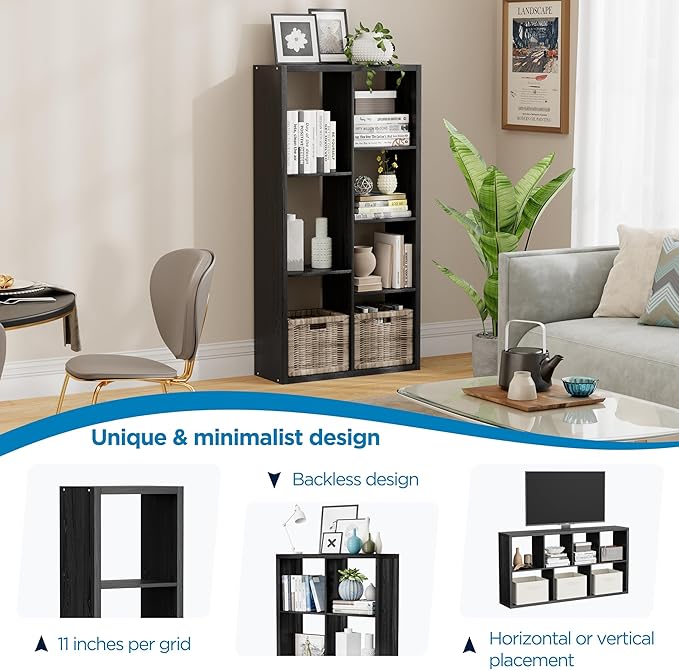 7 Cube Storage Organizer, Cube Shelf with Heavy-Duty Thick Boards, 25.12" L x 9.37" W x 48.74" H, Smooth Easy-Clean Panels, Simple Assembly, for Living Room Bedroom Office, Black