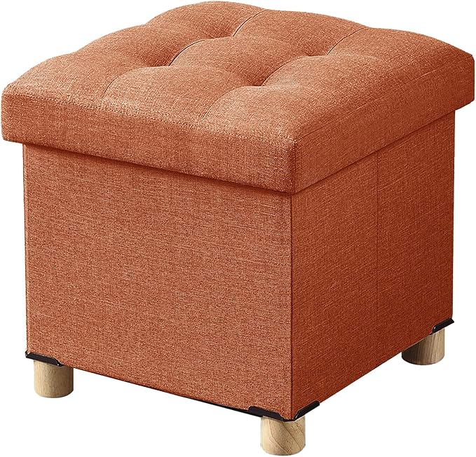 BRIAN & DANY Ottoman with Storage, Small Storage Ottoman for Dorm, Linen Folding Ottoman Foot Stool with Legs for Living Room and Bedroom, 15"x15"x15" - Orange