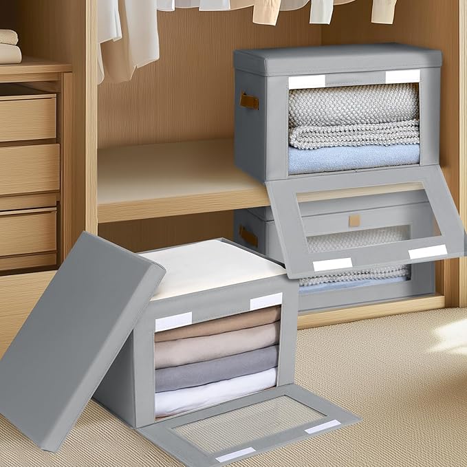 Large Closet Storage Bins - Collapsible Storage Bins with Handles & Window, Fabric Cube Organizer with Lids, Decorative Boxes for Living Room, Closet, Dorm, 8 Pack, Grey