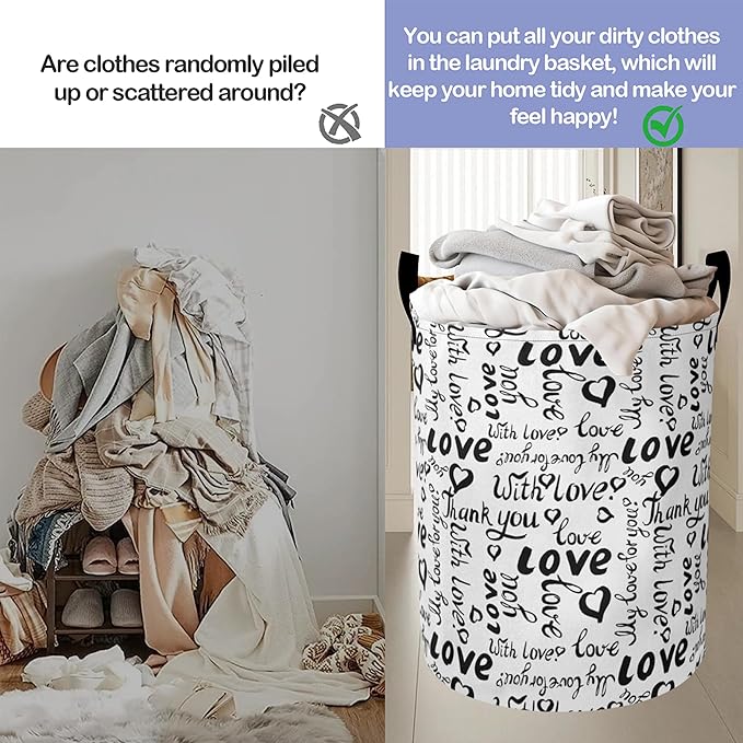 Laundry Basket,Black White Love Large Canvas Fabric Lightweight Storage Hamper Organizer Dirty Clothes Collapsible Waterproof for College Dorms,Bathroom