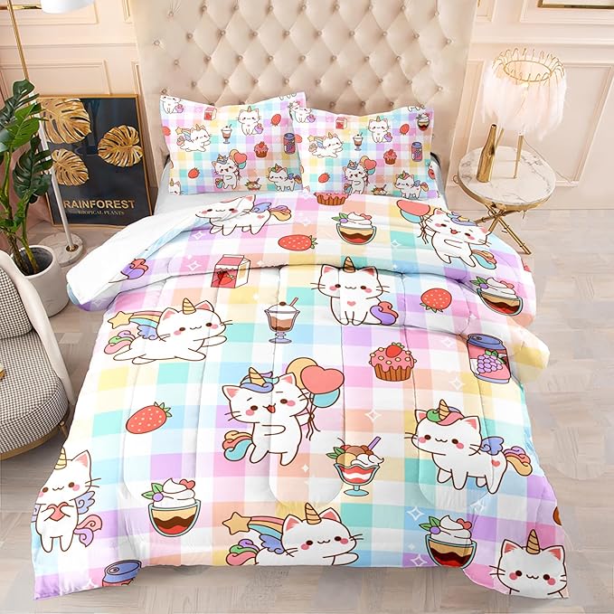 CVHOUSE Cartoon Cat Comforter Queen Set,Rainbow Cat Girls Queen Bedding Set for Kids Teens,Cat Unicorn Quilt Set 3Pcs Cat Bed Set Cat Duvet Set Kitty Room Decor All Season