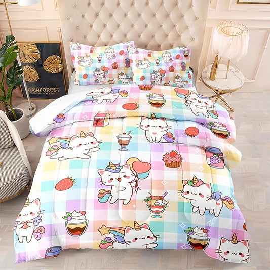 CVHOUSE Cartoon Cat Comforter Queen Set,Rainbow Cat Girls Queen Bedding Set for Kids Teens,Cat Unicorn Quilt Set 3Pcs Cat Bed Set Cat Duvet Set Kitty Room Decor All Season