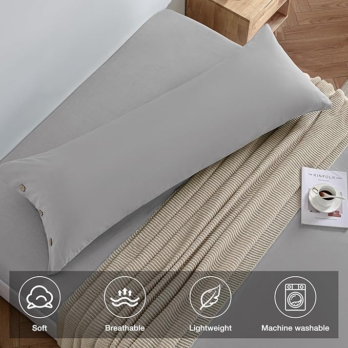 JELLYMONI Pillowcase Body Cotton 1pc Button Light Grey Pillow Case 20×54in 100% Washed Cotton Soft Breathable Pillow Covers(Pillows are not Included)