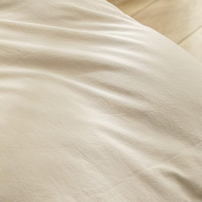 BESTOUCH Duvet Cover Set 100% Washed Cotton Linen Feel Super Soft Comfortable Chic Lightweight 3 PCs Home Bedding Set Solid Almond Milk Grey Super King