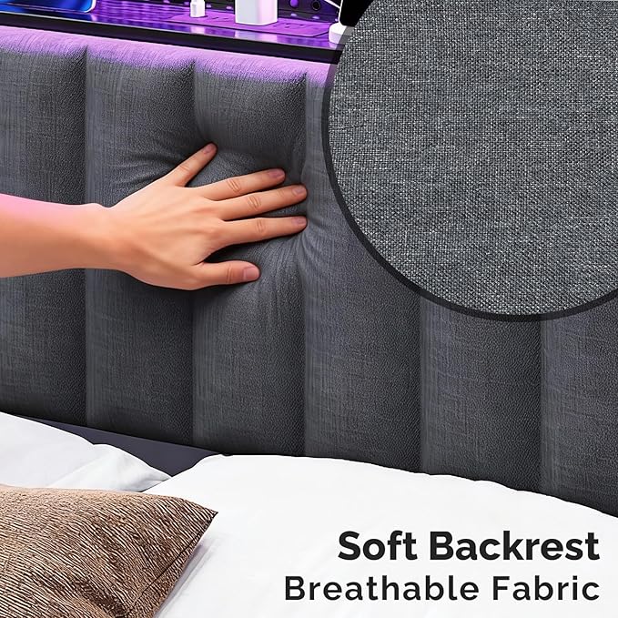 VINGLI Twin or Twin XL Size Headboard, Adjustable Upholstered Headboard with 2 Tier Shelves and Pegboard with Charging Stations and LED Lights, Modern Bed Headboard with Storage for Bedroom Decor