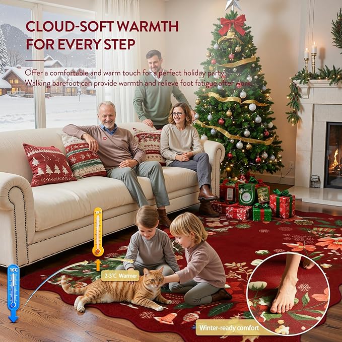 Lahome Floral Christmas Rugs for Living Room, Washable Christmas Rug 8x10 Under Bed Soft Xmas Tree Red Rug, Stain Resistance Large Carpets for Dining Room Office Home Decor, Red