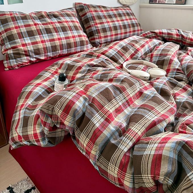VM VOUGEMARKET Red Brown Plaid Duvet Cover Set King,3 Pieces Washed Cotton Bedding Set,Breathable Luxury Checkered Duvet Cover with 2 Pillowcases