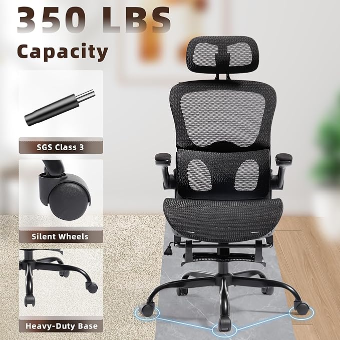 Ergonomic Office Chair, Adjustable High Back Desk Chair with Headrest Footrest 2D Lumbar Support - Executive Breathable Mesh Comfy Swivel Rolling Reclining Computer Task Chairs for Home Office Gaming
