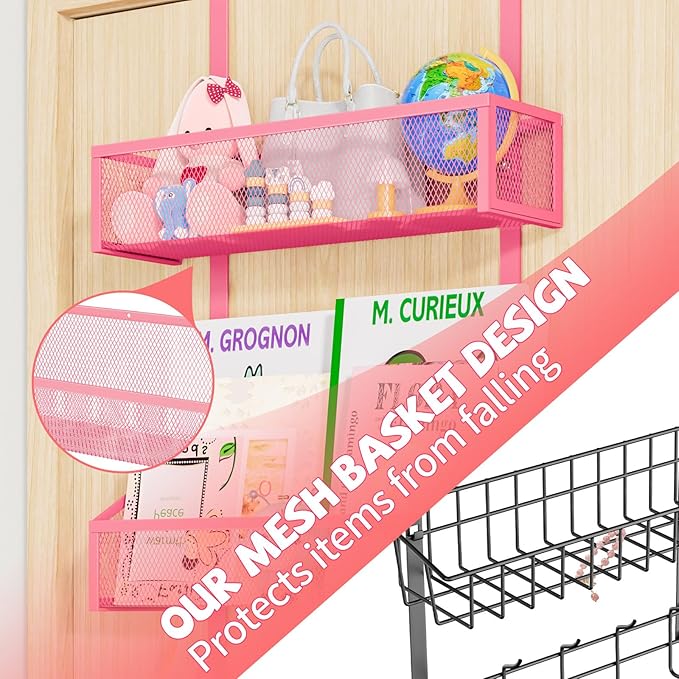 Over The Door Hooks Organizer, Coat Rack Over The Door Storage Hanger Towel Rack, Back of Storage Organizer for Bathroom,Bedroom,Kitchen,Office (Pink 3-Tier)