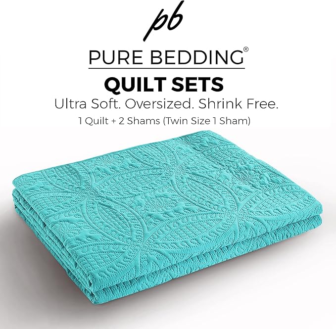 Pure Bedding Quilt Set King/Cal King/California King Size Aqua - Oversized Bedspread - Soft Microfiber Lightweight Coverlet for All Season - 3 Piece Includes 1 Quilt and 2 Shams, Geometric Pattern