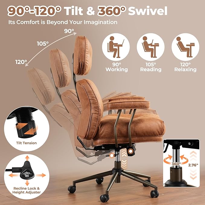 ovios Ergonomic Office Chair, High Back Faux Leather Executive Chairs with Thick Cushion, Comfy High-Century Modern Swivel Rolling Computer Armchair (Brown, Suede Leather)