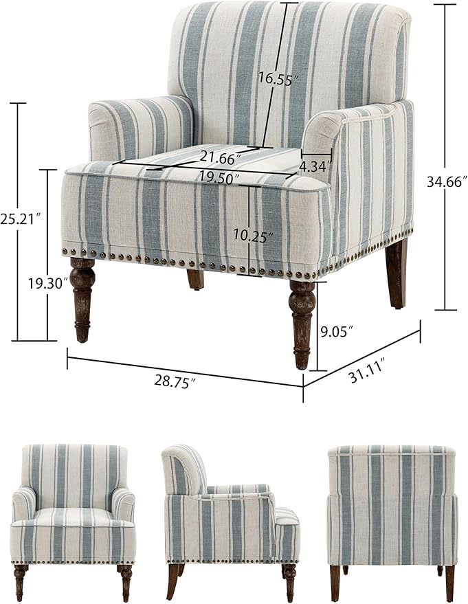 Accent Chair Set of 2, Mid Century Modern Comfy Armchair for Living Room, Linen Fabric Single Sofa Lounge for Reading Bedroom Apartment Waiting Room with Wood Legs-Blue Stripe