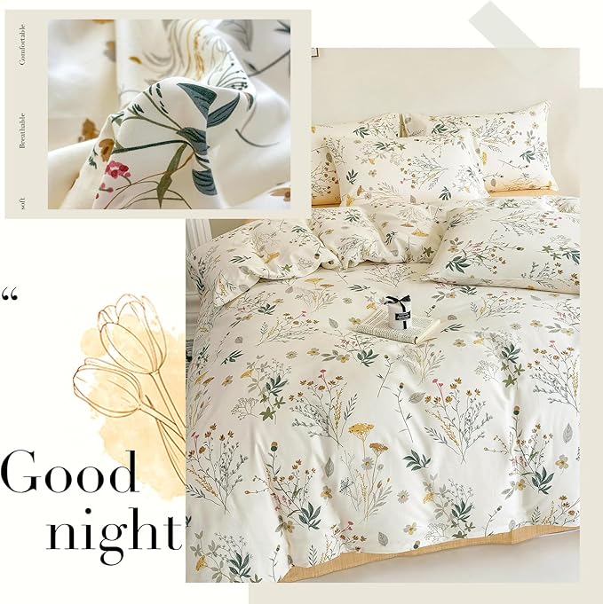 HighBuy Cotton 3 Piece Duvet Cover Full Yellow Floral Bedding Set Full Girls Botanical Coquette Comforter Cover with Zipper,Chic Garden Style Green Botanical Duvet Cover Set Vintage Soft