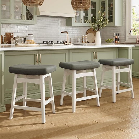MAISON ARTS White Counter Height Bar Stools Set of 3 for Kitchen Counter Solid Wood Legs with Faux Leather Saddle Seat Farmhouse Barstools for 34"-38" Counter Island Upholstered Stools, 24in Height