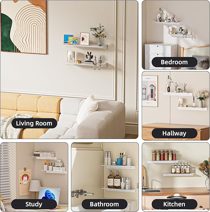 2-Piece White Metal Floating Shelves - Aluminum Alloy Wall Mounted Shelf No Drilling, Rust-Proof, 15.7" Width for Home Decor & Storage in Living Room, Bedroom, Bathroom