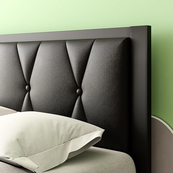 iPormis Twin Metal Bed Frame, Faux Leather Platform Bed with Button Tufted Headboard, Heavy Duty Slats Support, 12" Under Bed Storage, No Box Spring Needed, Easy Assembly, Black