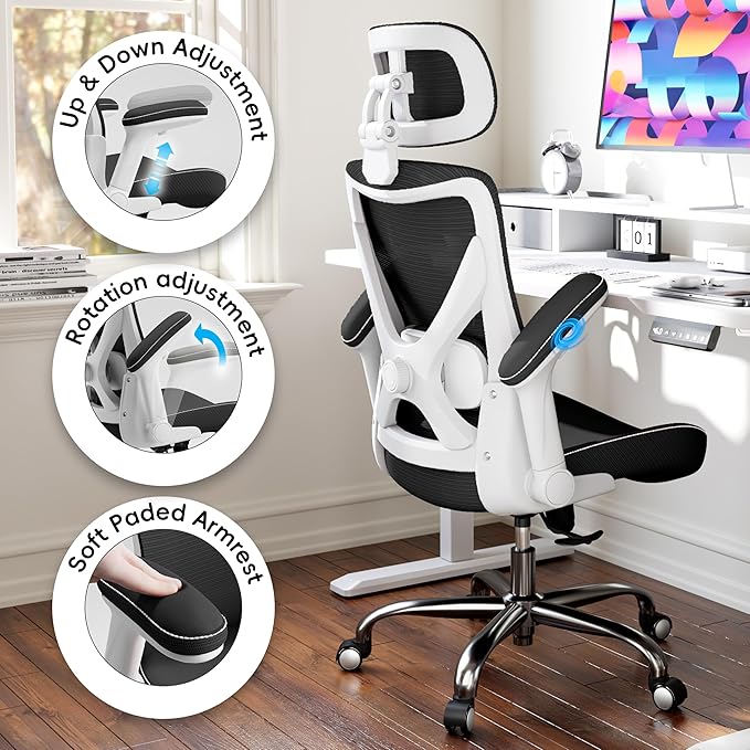 Office Home Ergonomic Desk Chair-Computer X-Shaped Chair Mesh PU Leather with Adjustable Lumbar Support-Executive Chair High Back with Headrest Flip-Up Arms for Long Hours (Light Black)