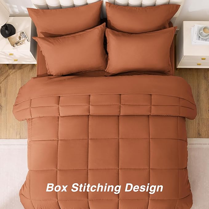 Love's cabin Queen Comforter Set Burnt Orange, 7 Pieces Queen Bed in a Bag, All Season Bedding Sets with 1 Comforter, 1 Flat Sheet, 1 Fitted Sheet, 2 Pillowcase and 2 Pillow Sham