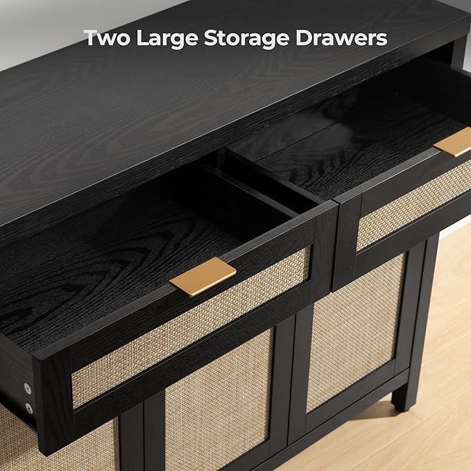 SICOTAS Rattan Sideboard Buffet Cabinet with Storage, Boho Credenza Accent Cabinet with 3 Doors and 2 Drawers, Farmhouse Console Coffee Bar Cabinets for Kitchen Living Room Entryway, Black Oak, 2 PCS