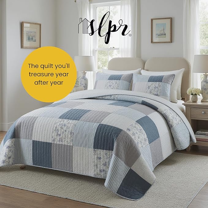 SLPR Coastal Dream Cotton Pieced Quilt Set - King Size with 2 Shams, Soft Purple & Blue Patchwork Quilted Bedspread, Farmhouse Country Style Bedding for All Seasons