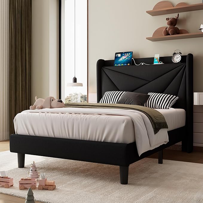 iPormis Twin Size Bed Frame with Charging Station, Linen Platform Bed Frame with Wingback Headboard Upholstered Bedframe, Solid Wood Slats Support, No Box Spring Needed, Easy Assembly, Black