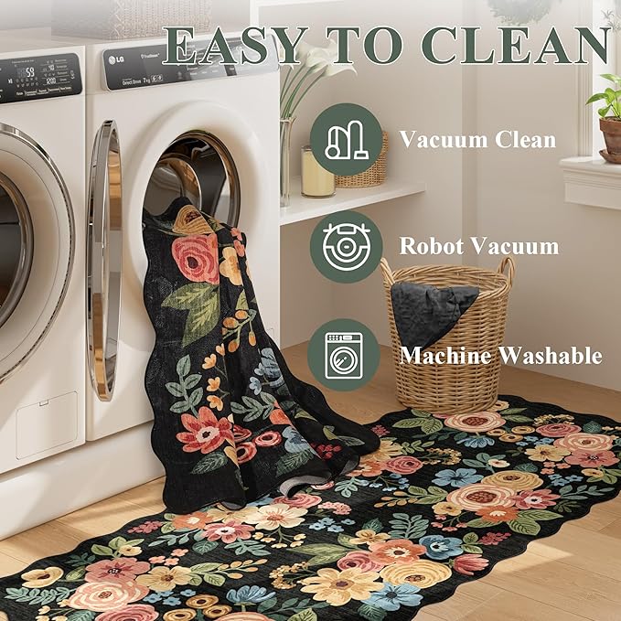 DUKINO 5x7 Area Rug, Floral Washable Rugs for Living Room with Non Slip Backing & Non-Shedding, Lightwight Low Pile Boho Design Large Carpets for Bedroom, Living Room, Dining Room, Black
